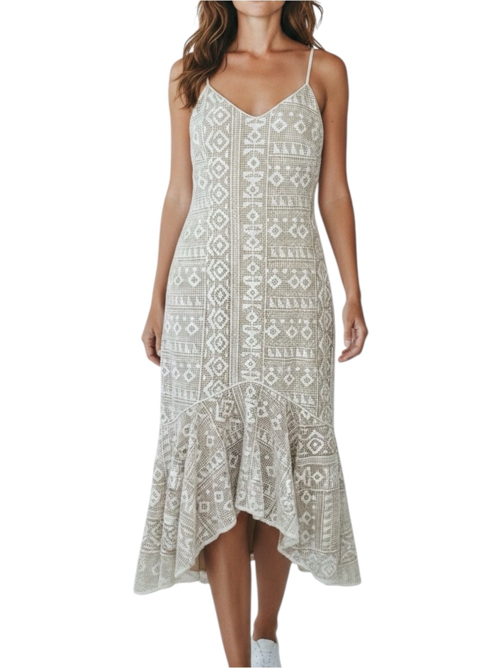 Mikael Aghal Spaghetti Strap Crochet Maxi Dress Cream Tan Bridal Beach